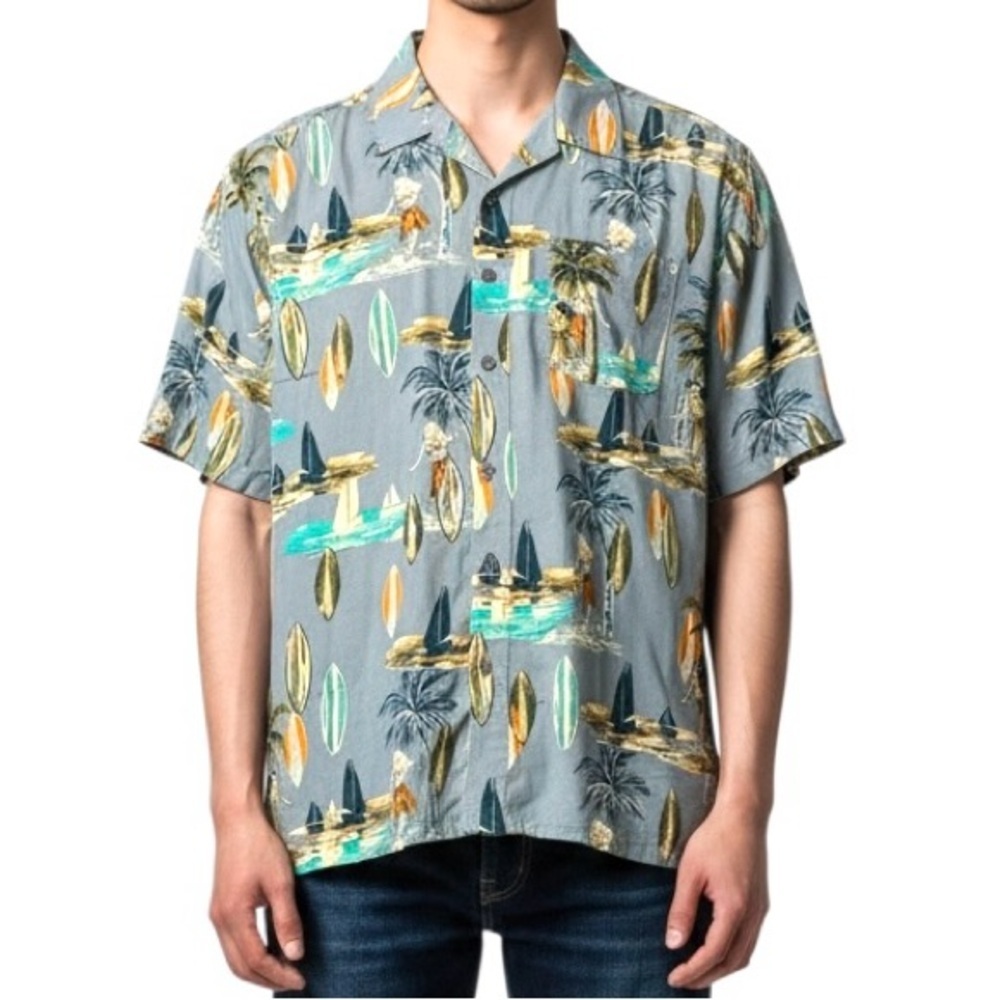 Naturals D & Co. Men’s Linen blend Print Button up‎ Shirt L Palm trees Surfer